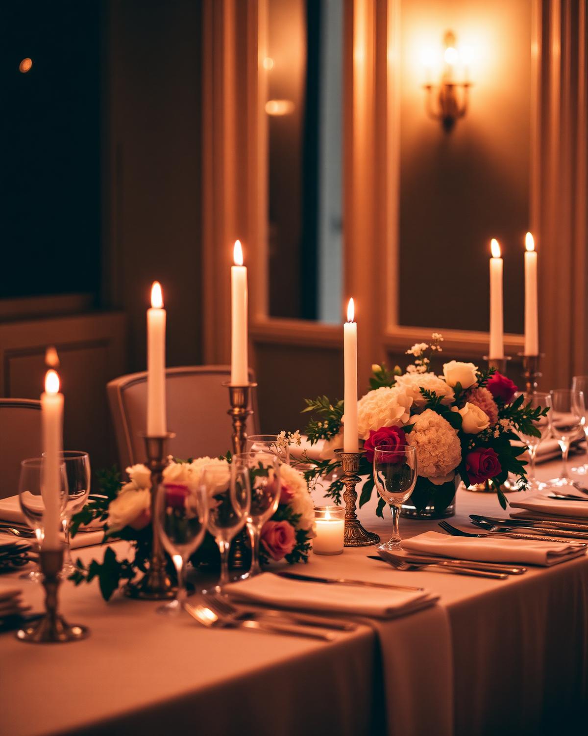 Candlelit reception table with florals
