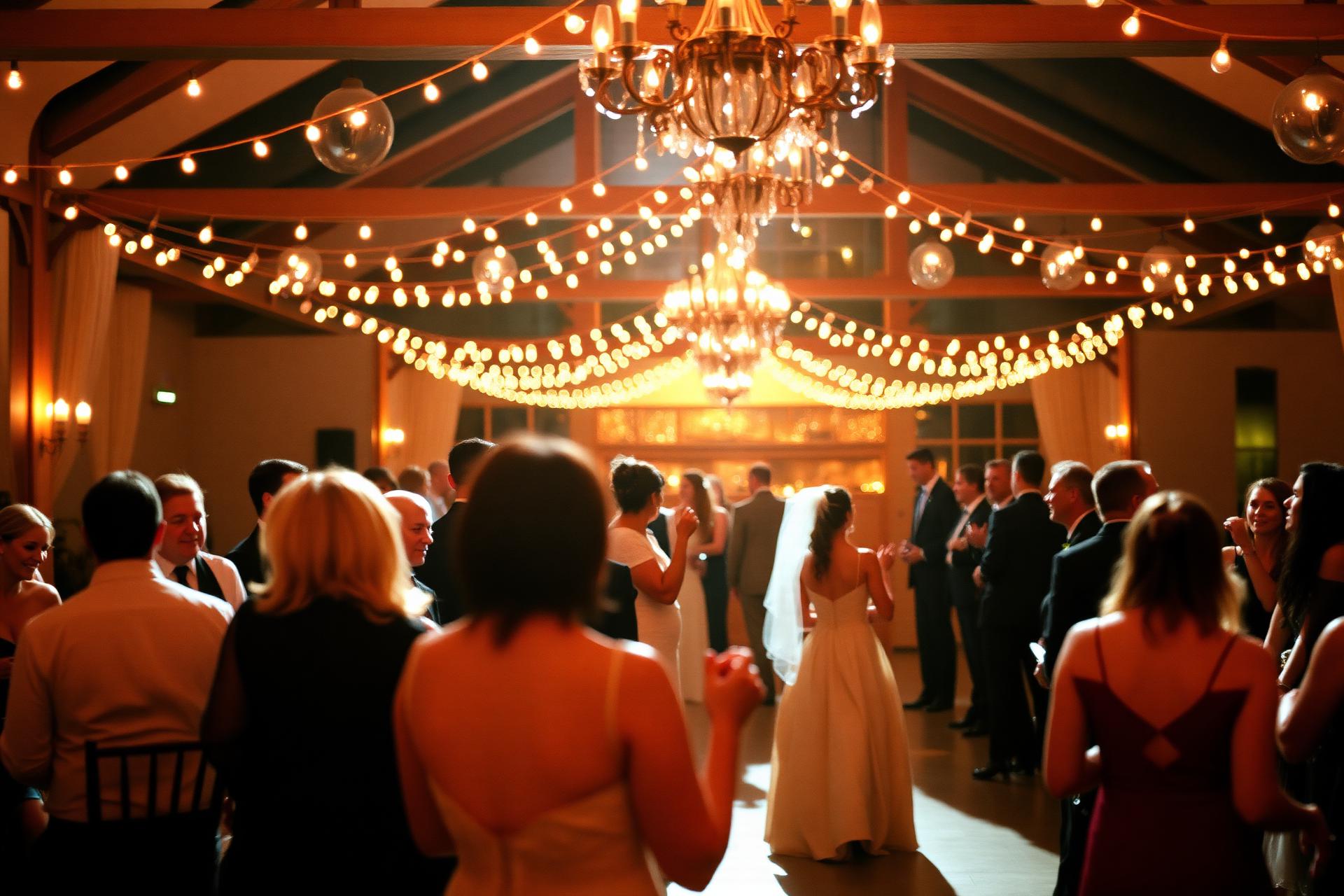 Warm event reception with guests dancing under string lights